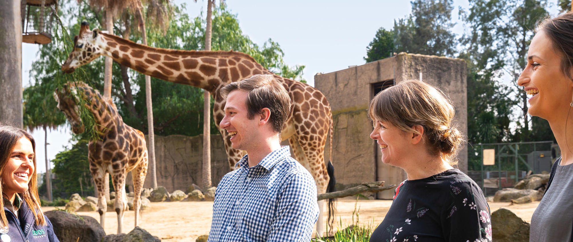 A group of three adults stand alongside a Zoo employee dressed in Zoo uniform, all smiling in front of two giraffes.