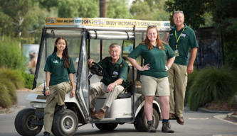 Four volunteers stand proudly with their buggy.