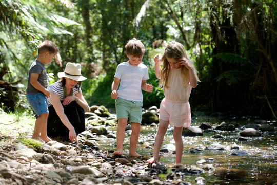 Mum and kids enjoying Creek Play, summer, landscape, Badger Creek, toddler, young boy and girl, adult