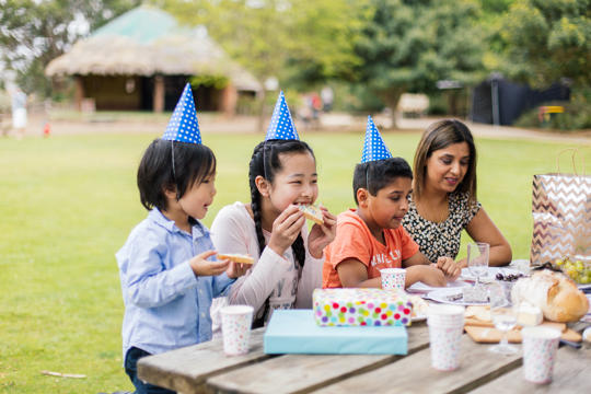 Families with kids enjoying a birthday party celebration picnic on picnic table on Village lawn, with presents and party foodFamilies with kids enjoying a birthday party celebration picnic on picnic table on Village lawn, with presents and party food, Indian and Chinese visitors
