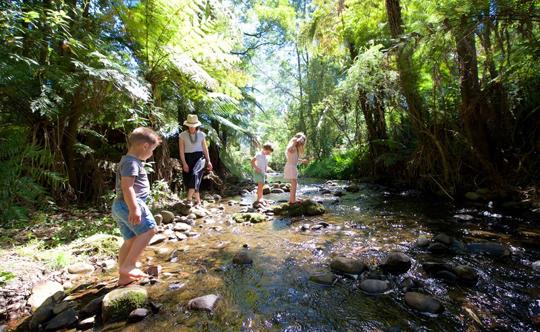 Three kids with a mum playing at Creekside