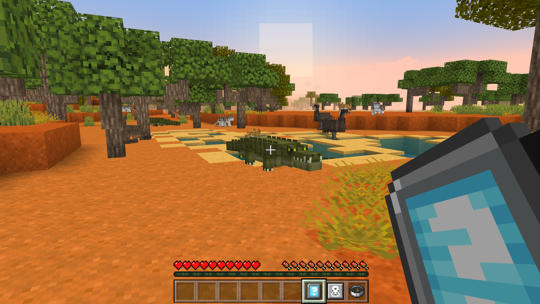 A recreation of a savannah lake, with crocodiles, ostriches and cheetahs, shown in the game Minecraft.