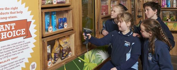 Four school students scan items in Melbourne Zoo's Zoopermarket.