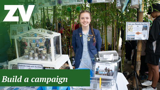 "Build A Campaign": A school student stands smiling behind her craft showcase.