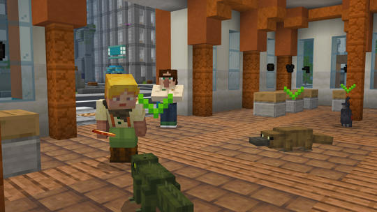 A recreation of a museum space, with two people, a crocodile and a platypus, as seen in the game Minecraft.