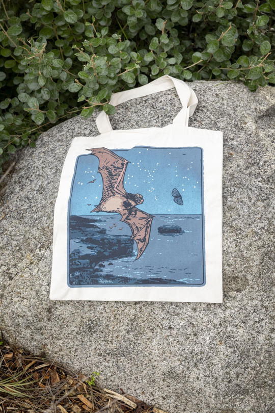 Totes for Wildlife, Southern Bent-wing Bat. Image of front and back designs.