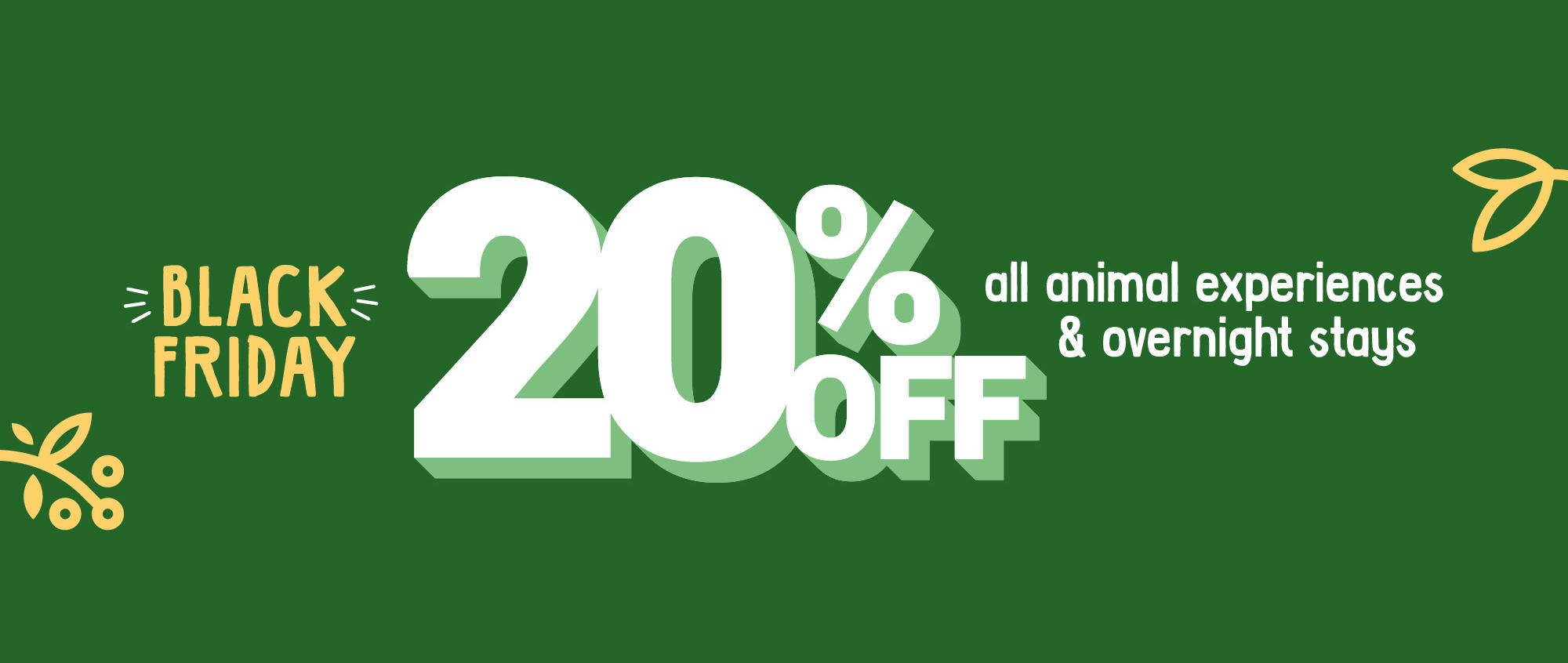 "Black Friday, twenty percent off all animal experiences and overnight stays"; This text, with "twenty percent off" enlarged for emphasis, is on a deep green background.