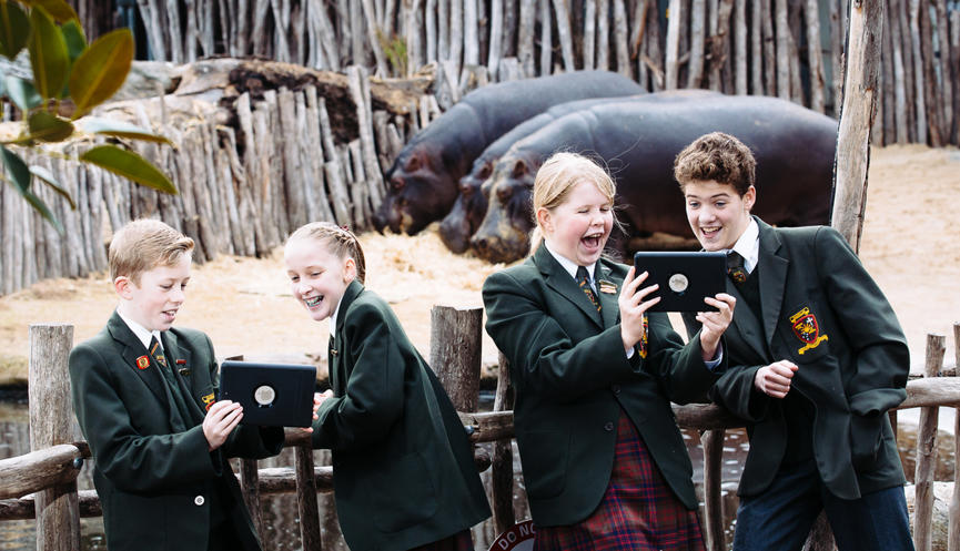 Four students with two tablets in front of three hippopotamuses.