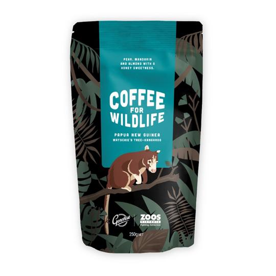 A coffee bag featuring the label 'Coffee for Wildlife: Papua New Guinea' and an illustration of a tree kangaroo