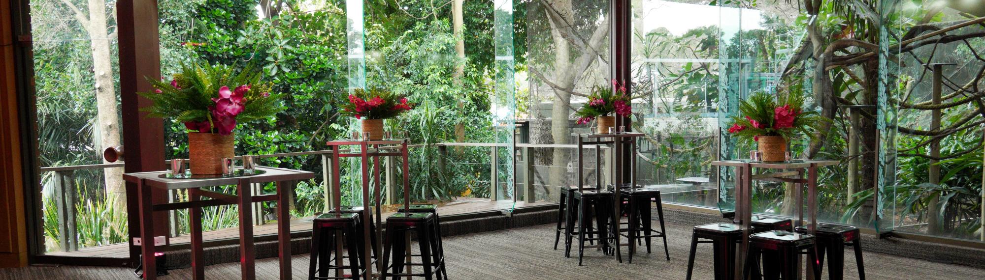 View of Rainforest function Room at Melbourne Zoo, with four tall tables set up.