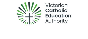 A graphic of a dark green cross with three separate shades of green rays surrounding it, with the words "Victorian Catholic Education Authority" written on the right
