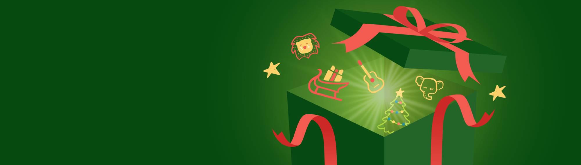 A green box with red ribbons has zoo and Christmas graphics floating out.