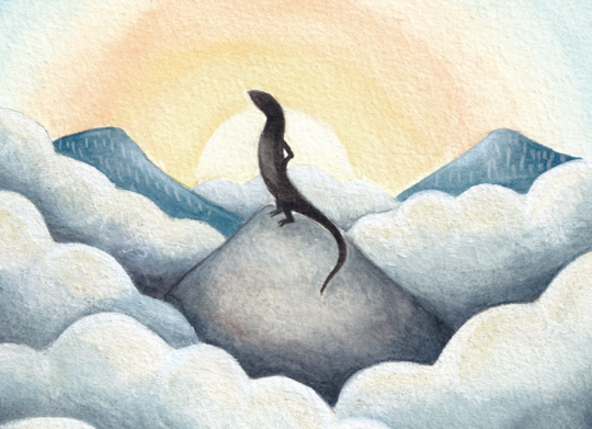 Illustration of Slink, the She-Oak Skink, posing in silhouette against a mountain sunrise.