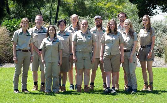 A team of eleven Zoo employees stand in a row on the grass at Melbourne Zoo, all smiling.