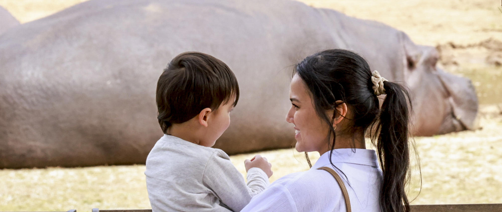 Two guests, mother on right holding up son on left, face each-other as they stand before a prone Hippo in the background, who is facing right and away from the camera.