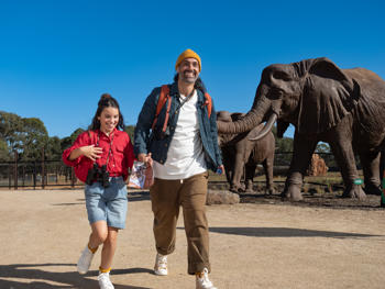 Two guests enthusiastically running toward the to right of camera, with two Elephant statues behind them.