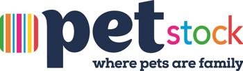 "PetStock, where pets are family": The logo in full colour.