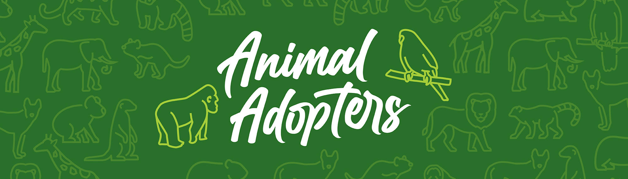 "Animal Adopters": Adopt an animal, from one of forty-five on a green background, two of them highlighted in chartreuse green.
